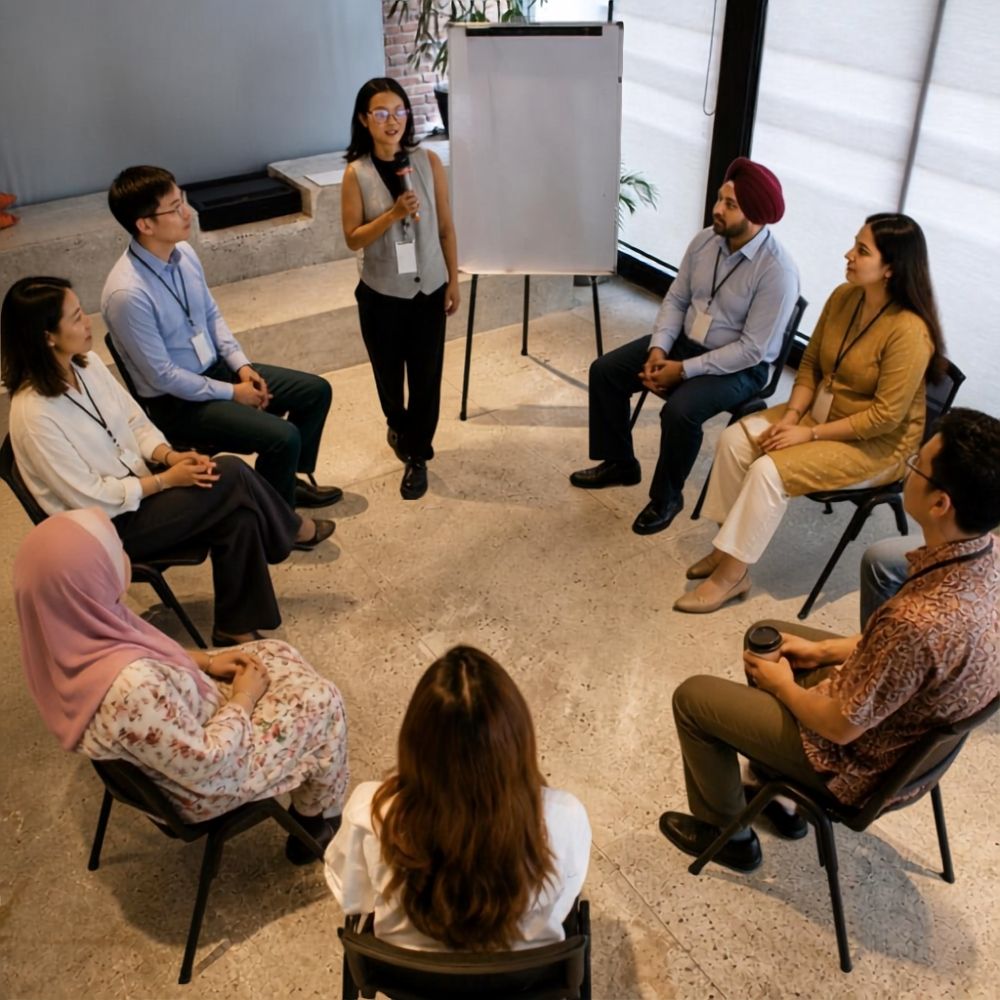 Team seated in a circle during a facilitated workshop