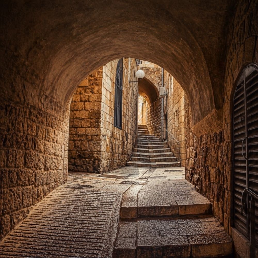 A worn stone archway and staircase in the old city of Jerusalem