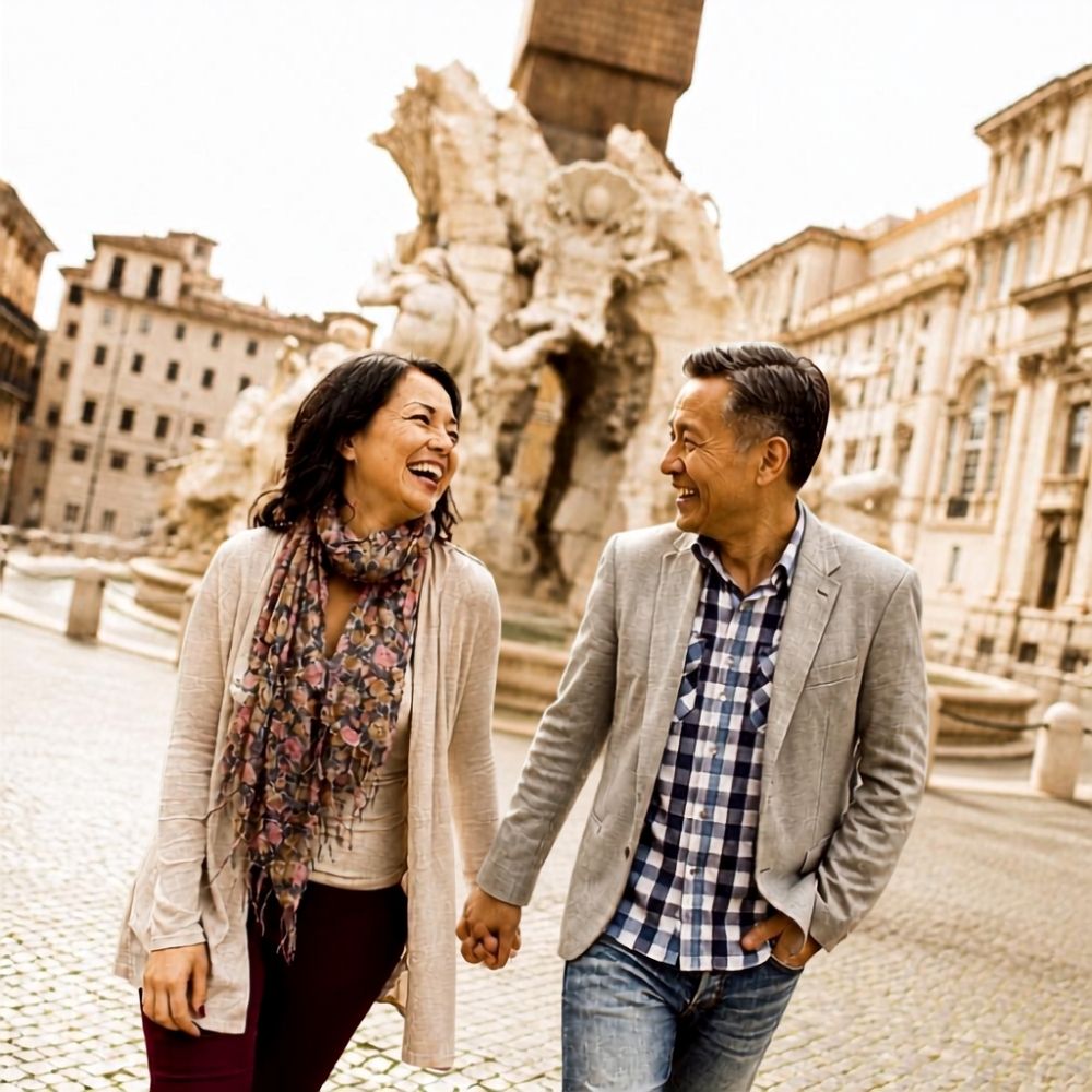 A couple walking hand in hand through a Roman piazza