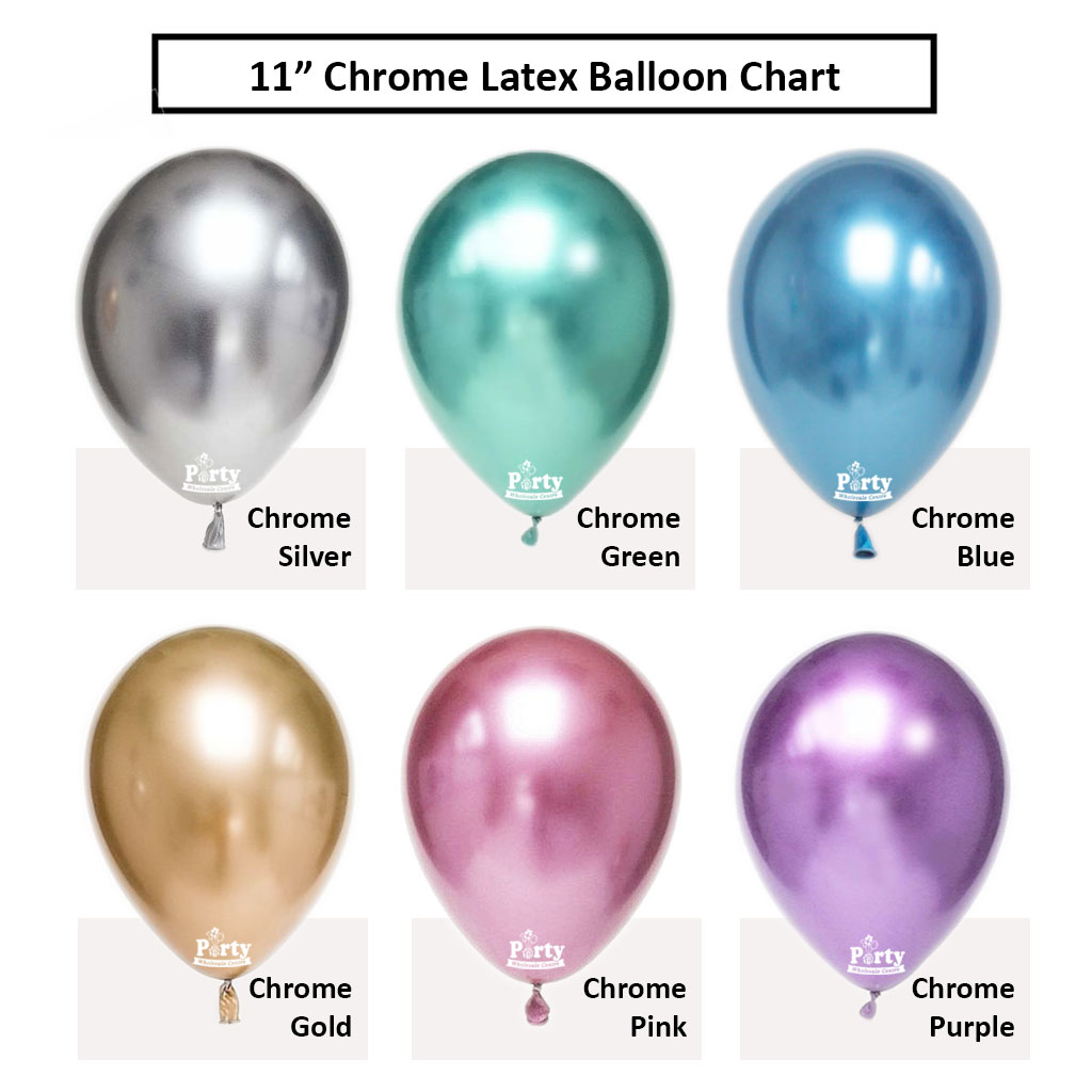 Chrome 11 inch latex balloon colour chart: silver, green, blue, gold, pink, purple