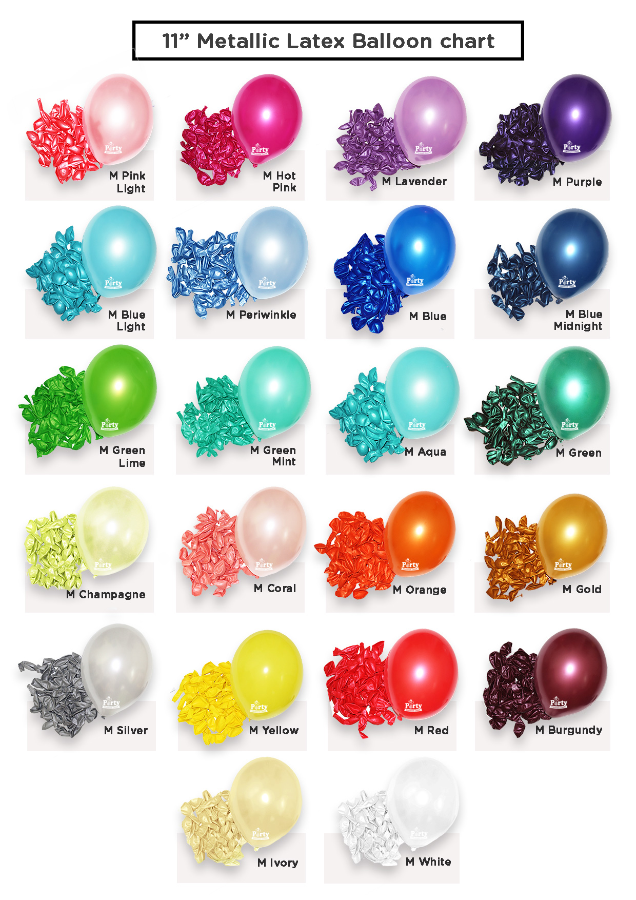 Metallic 11 inch latex balloon colour chart, 22 shades