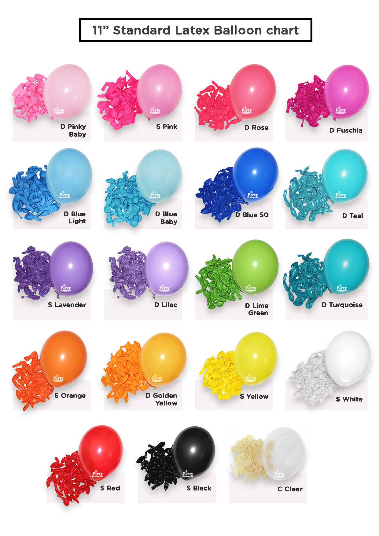 Standard matte 11 inch latex balloon colour chart, 19 colours plus clear