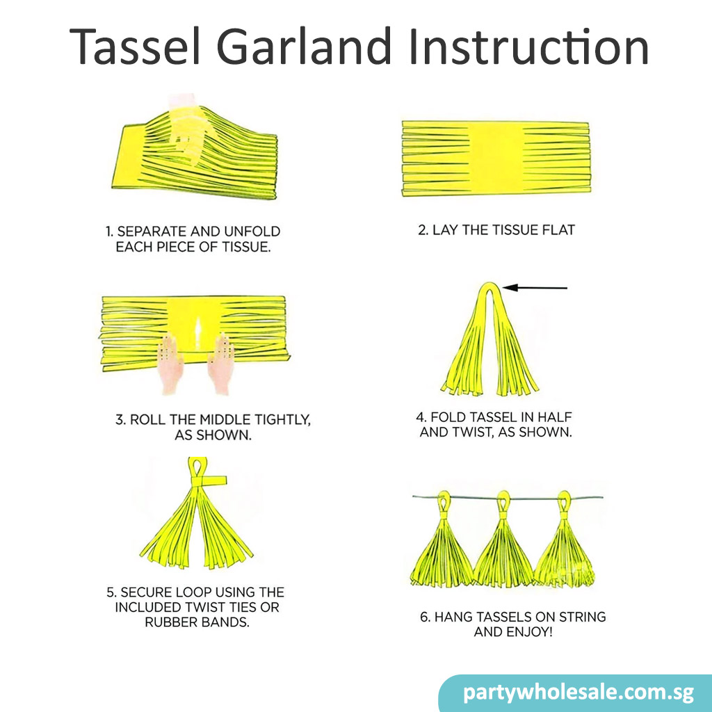 Six-step illustrated guide to folding and hanging a tissue paper tassel garland