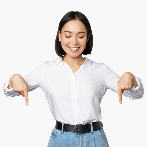 Smiling girl pointing down to the contact box