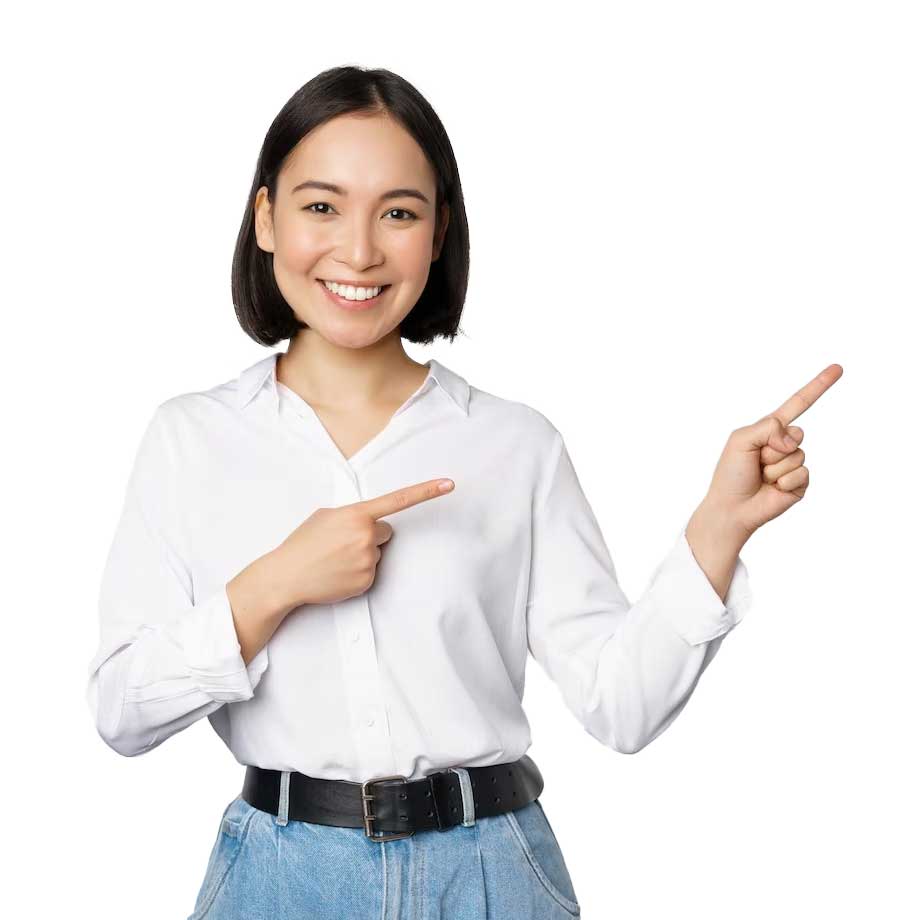 Smiling girl pointing right to the contact box