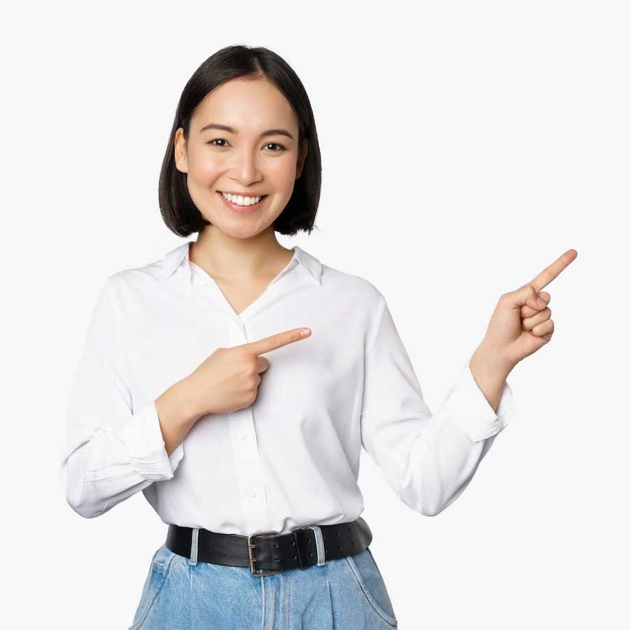 Smiling girl pointing right to the contact box