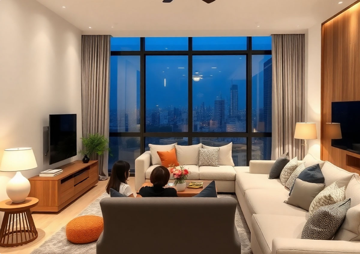 Modern living room with air conditioning at night