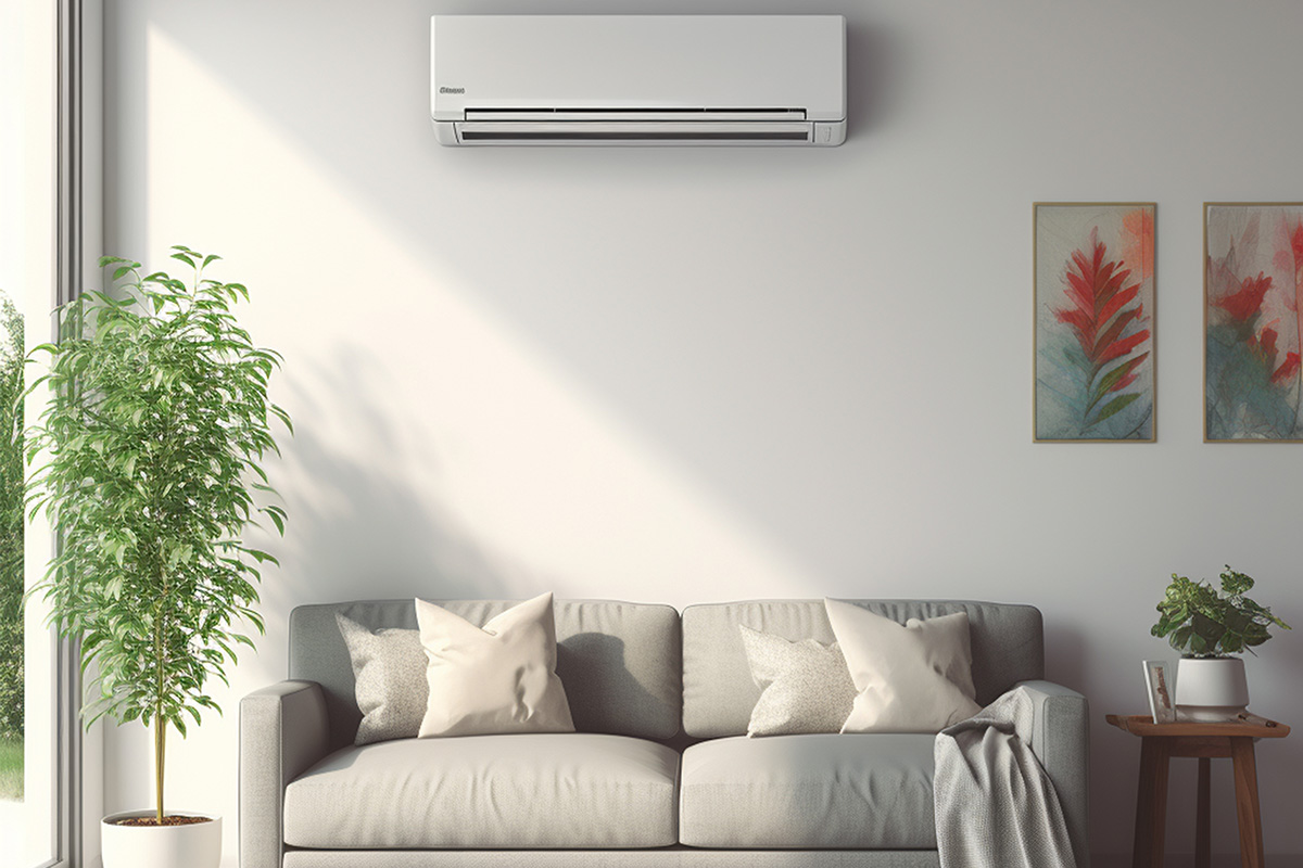 Minimalist HDB living room with wall-mounted aircon