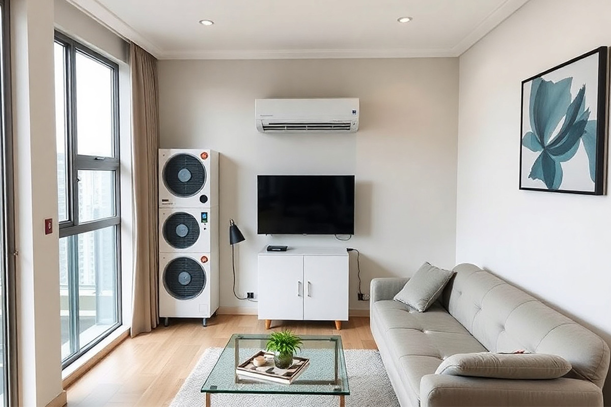 Living room with aircon installed above the TV area
