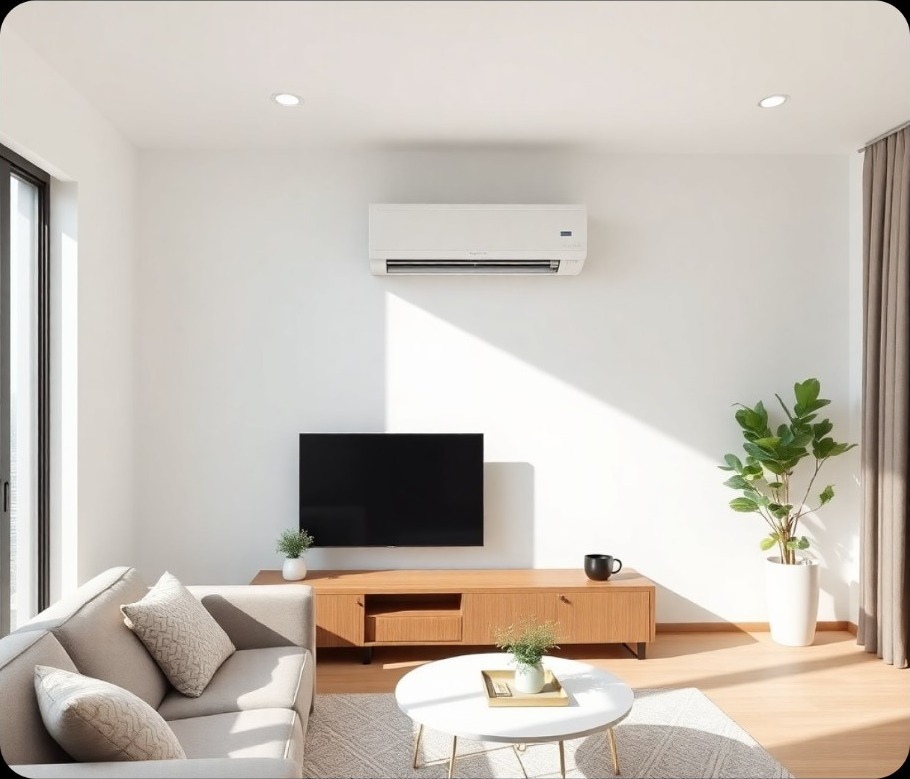 Modern living room with wall-mounted air conditioning