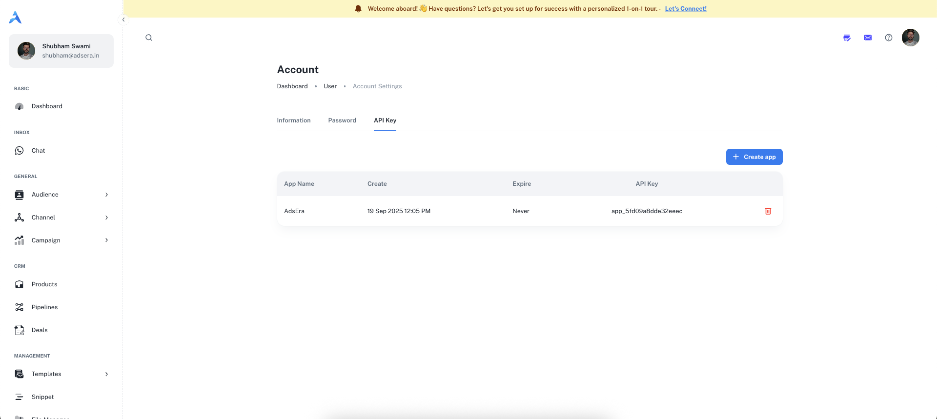 The API Key tab in Account Settings.