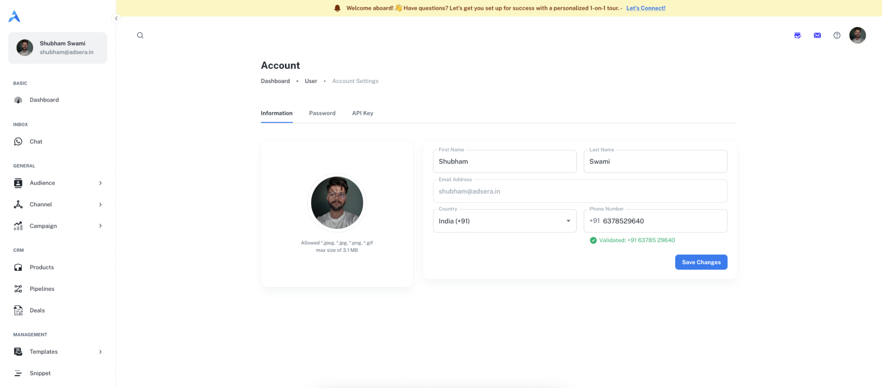 The Information tab in Account Settings.