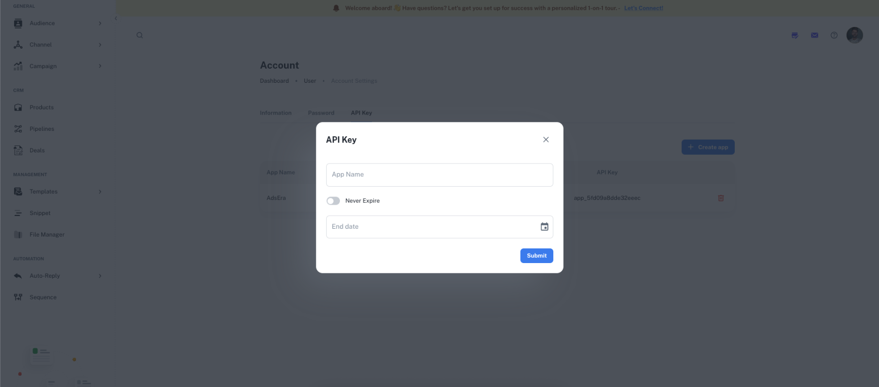 The Create API Key modal window.