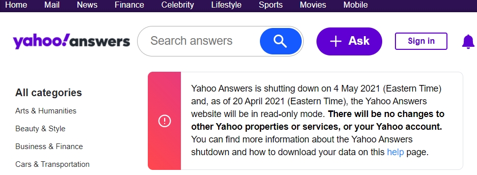Yahoo Answers tutup