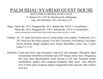 kost kos harian mingguan bulanan (palm hijau syariah guest house)