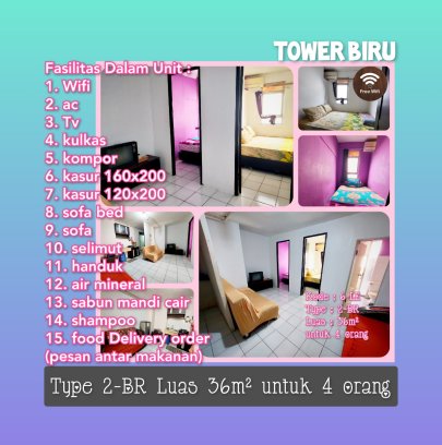 sewa apartemen modern land tangerang harian type 1BR ber-2 atau type 2BR ber-4