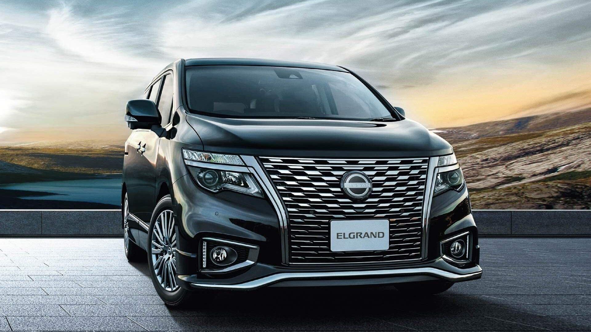 front view of Nissan Elgrand with scene background