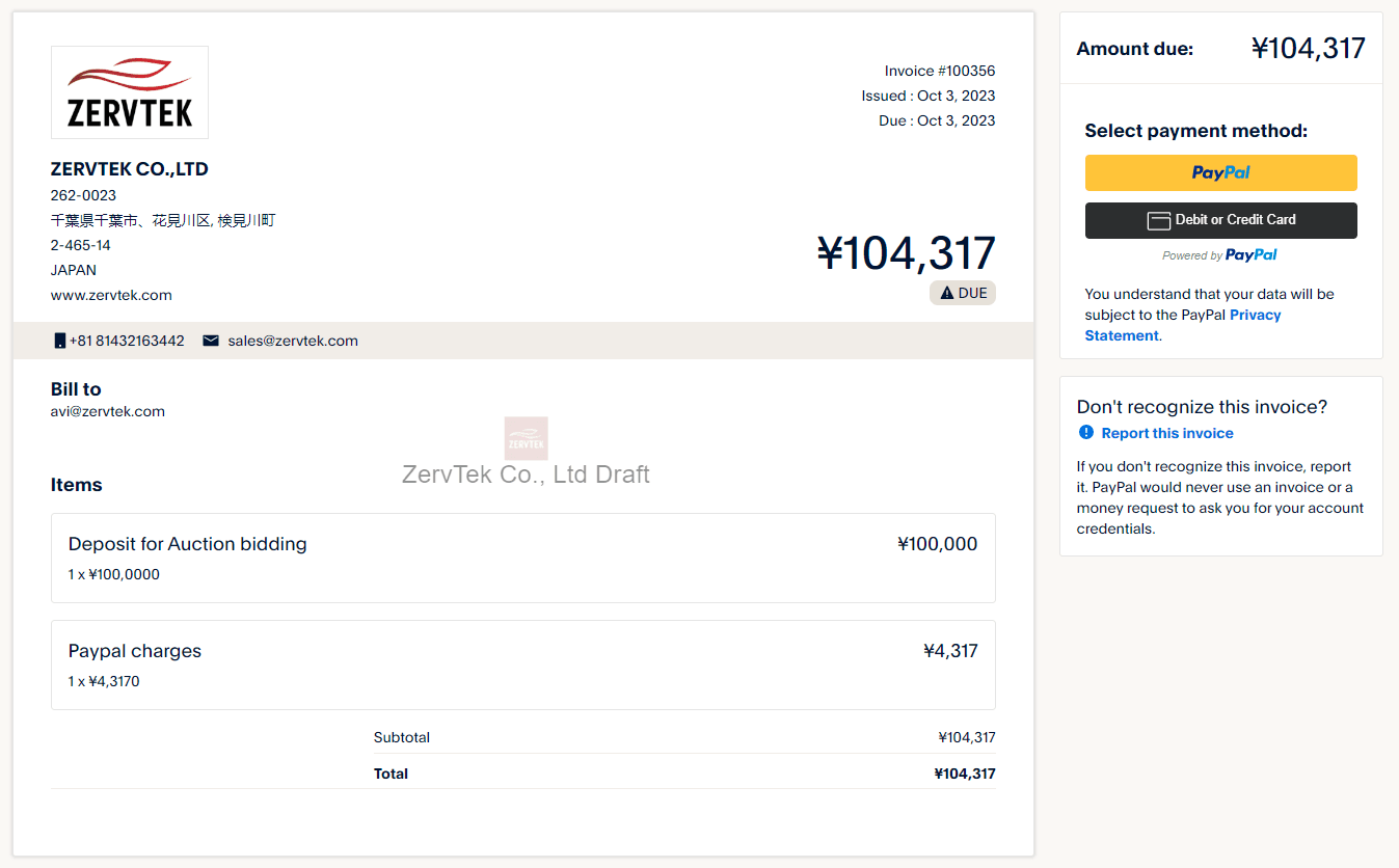 PayPal deposit invoice sample