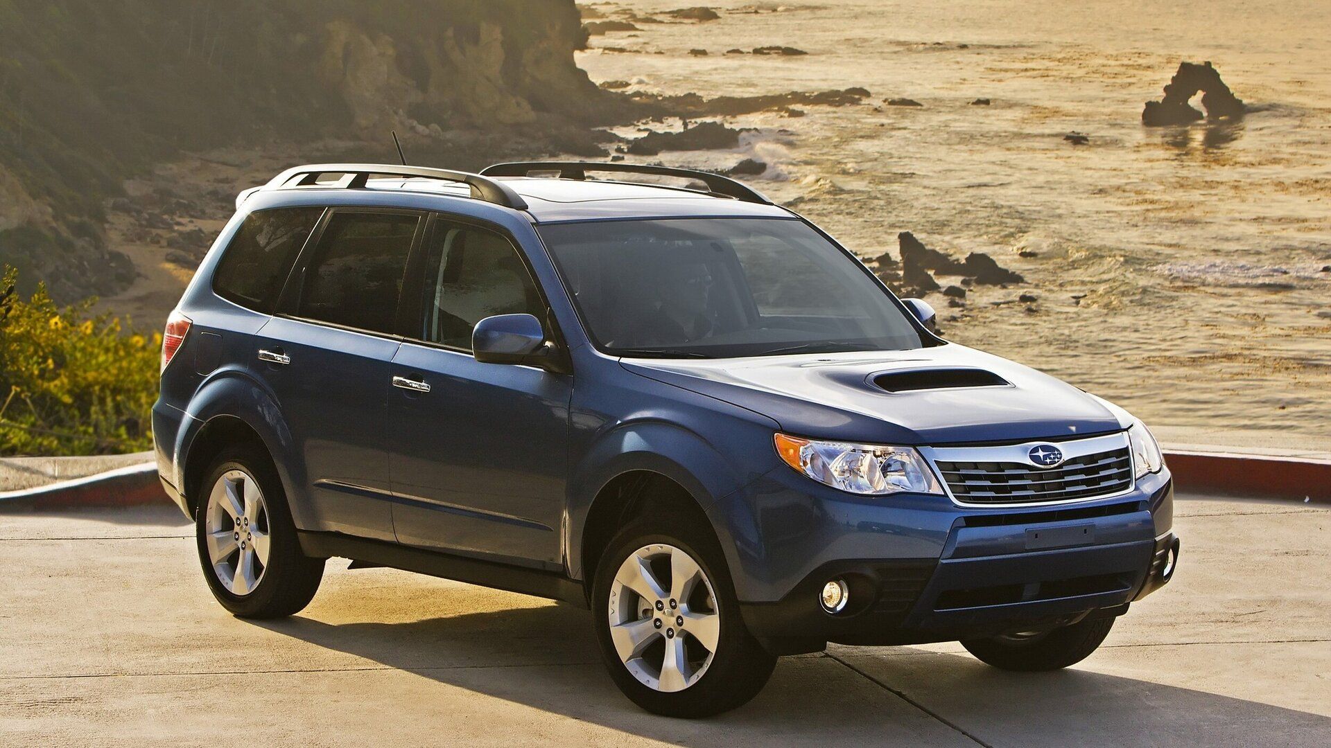 Front view of a 2010 Subaru Forester near the seaside.